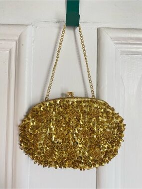 Vintage Gold Sequin Evening Clutch Bag - Women's Party Handbag